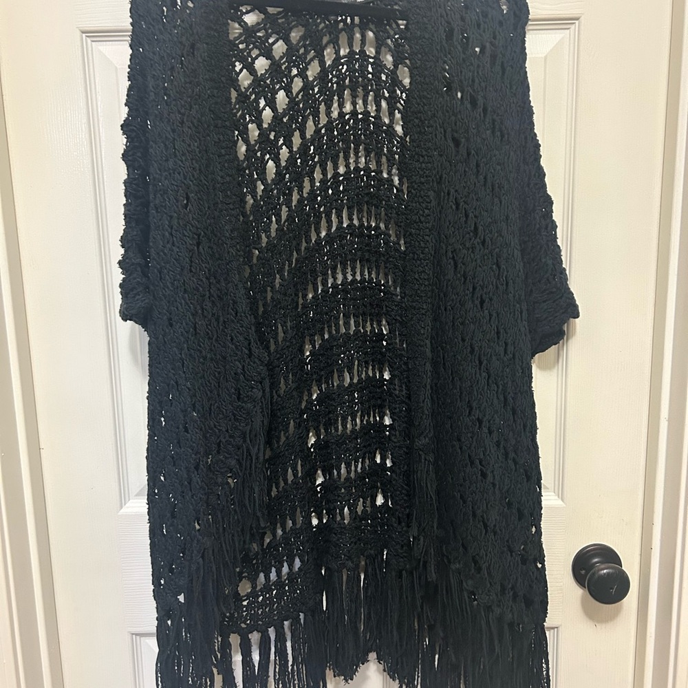 360 Sweater Black Open-Knit Poncho